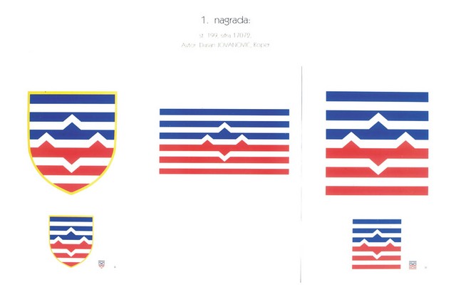 1. nagrada, Dušan Jovanovič: '... modre, bele in rdeče proge v sredini izrišejo tradicionalni motiv Triglava, ki pod seboj zrcali rečno korito kot metaforo slovenskih voda.'
