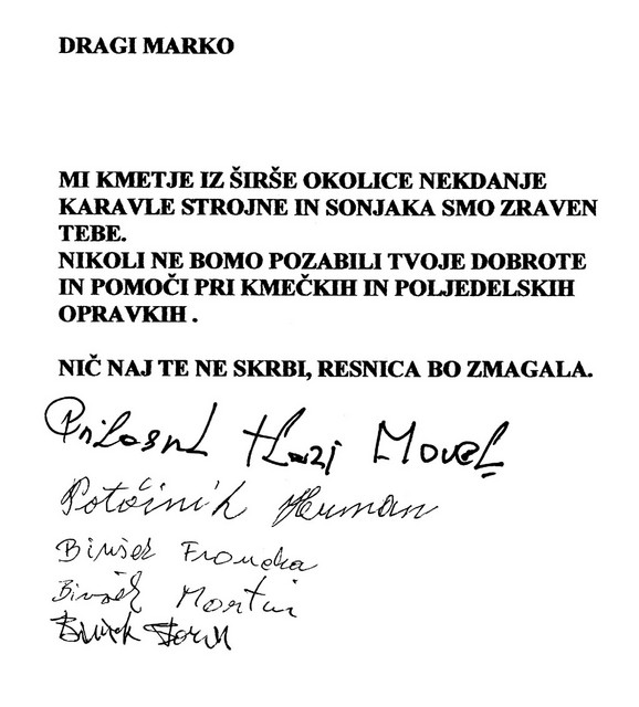 Dragi Marko - izjava sosedov karavle, ki jo je nekoč vodil Marko Perak