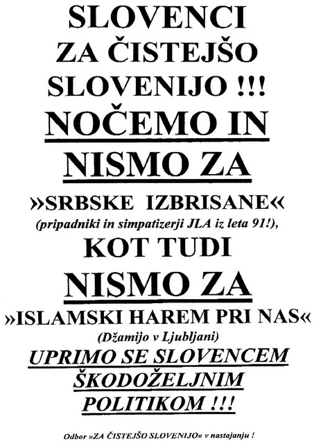 Poziv k čistejši Sloveniji ni zrel za presojo pred 300. členom kazenskega zakonika, niti ni v nasprotju s 63. členom ustave, niti ni v nasprotju s številnimi konvencijami o varstvu človekovih pravic