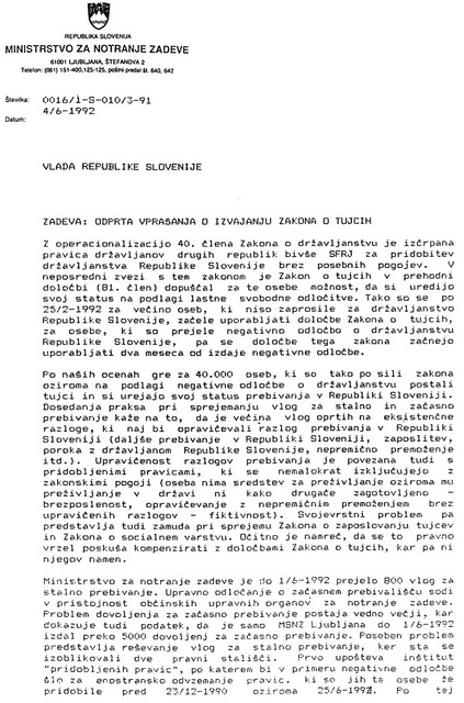 Bavčarjevo pismo. Bavčarjeva 'dilema', ki jo je junija 1992 razgrnil pred Drnovškovo vlado: spoštovati človekove 'pridobljene pravice' ali ne!