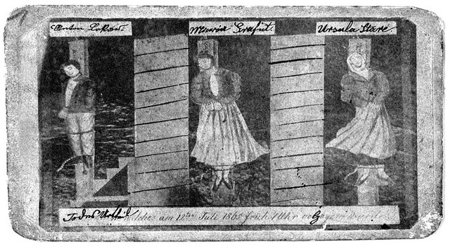 Risba treh obešencev, ki so jo prodajali radovednežem ob zadnji javni usmrtitvi v Novem mestu leta 1865. (Dolenjski muzej Novo mesto) Risba treh obešencev, ki so jo prodajali radovednežem ob zadnji javni usmrtitvi v Novem mestu leta 1865. (Dolenjski muzej Novo mesto)