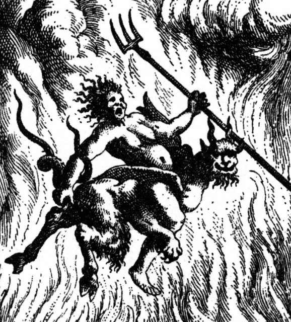 Hudič nosi čarovnico v pekel (Janez Vajkard Valvasor, Prizorišče človeške smrti, 1682) Hudič nosi čarovnico v pekel (Janez Vajkard Valvasor, Prizorišče človeške smrti, 1682)