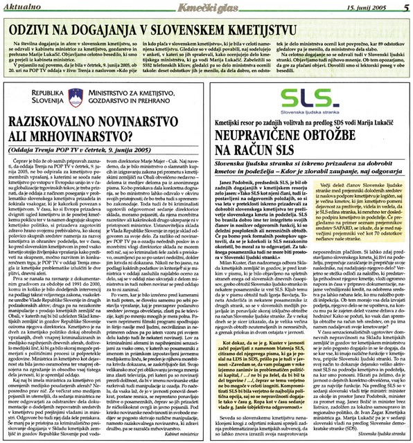 Oglas, objavljen v Kmečkem glasu 15. Junija 2005