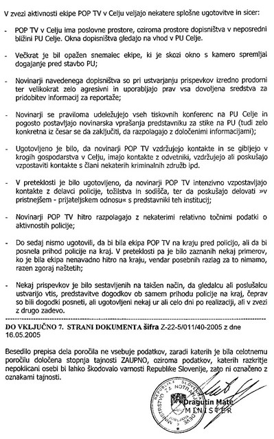 Del nekoč zaupnega poročila o preiskovalnih ukrepih policije, ki govori o delu celjske novinarske ekipe POP TV.