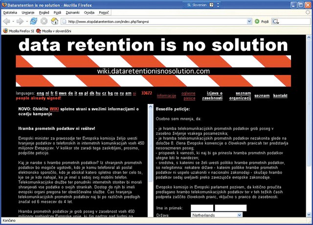 Slovenska verzija peticije proti hrambi telekomunikacijskih prometnih podatkov