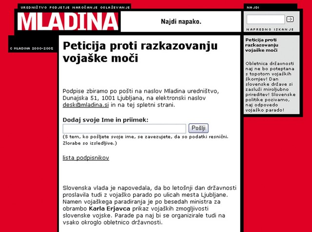 Peticija proti paradi na Mladinini spletni strani