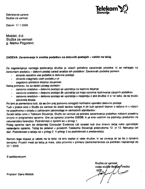 Faksimile Telekomovega internega dopisa, ki dokazuje, da se v podjetju zavedajo odtekanja osebnih podatkov
