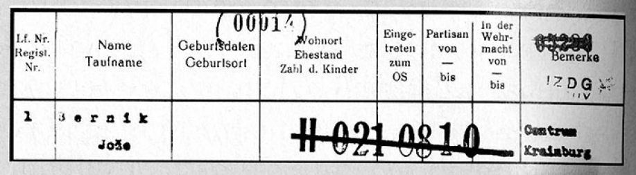 Seznam kranjskega gestapa z Bernikovim imenom. Iz evidence je razvidno, da je bil Bernik poslan v gestapovski izobraževalni center na Brdu.