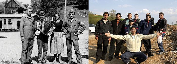 Fotografski del projekta Bratstvo in enotnost: leva fotografija je nastala leta 1958, ko je avtoričin oče v okolici Novega mesta dokumentiral gradnjo Ceste bratstva in enotnosti, desna fotografija pa je s pomočjo fotografinje Nade Žgank nastala leta 2006, ko je na istem odseku potekala gradnja avtocestnega odseka Hrastje &ndash; Lešnica