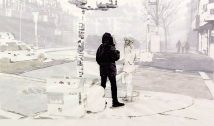 Ljudje v urbanem prostoru, &raquo;Bowery street&laquo;, flomaster na transparentnem papirju, beneški bienale
