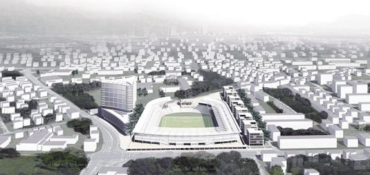 Prvonagrajena idejna zasnova nemškega biroja GMP z nizom »vila blokov, utopljenih v zelenje«.